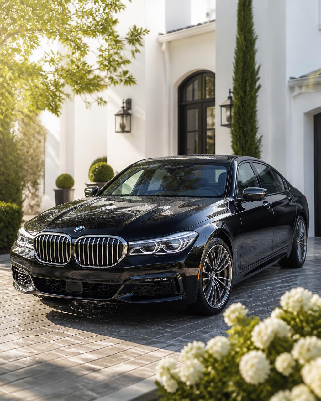 Freshly detailed luxury sedan in a residential driveway
